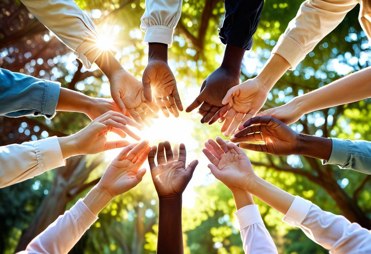 A diverse group of people of different ages and backgrounds, standing together in a circle, holding hands and smiling, symbolizing unity and support. In the center, a glowing heart made of intertwined hands representing charity and shared beliefs. A serene nature backdrop with soft sunlight filtering through trees, creating a warm atmosphere. pastel colors. uplifting and inspirational.