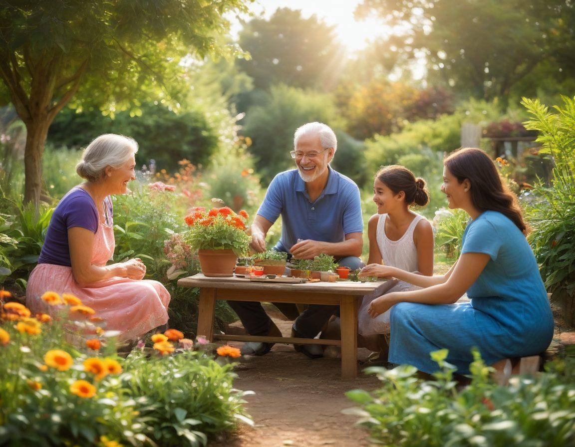 A warm and inviting scene depicting diverse people of various ages and backgrounds engaging in community activities, such as planting a garden, sharing food, and participating in laughter-filled conversations. The expression of love and compassion is evident in their interactions, surrounded by nature and vibrant flowers, symbolizing growth and connection. Soft sunlight bathes the scene, creating a sense of warmth and togetherness. super-realistic. vibrant colors. soft focus.